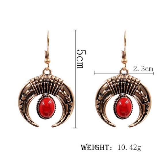 Boho Red Marble Crescent Horn Dangle Earrings - Picture 5 of 7